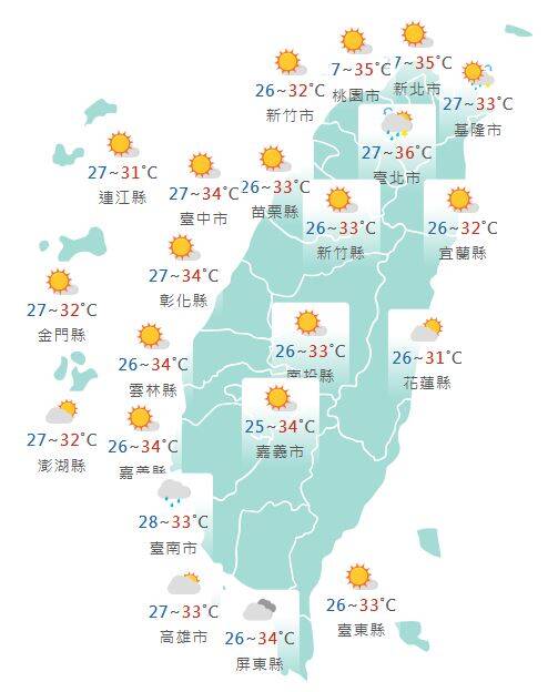 氣象署公布各地天氣預報概況。   圖：氣象署提供