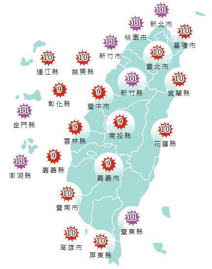 氣象署發布各地紫外線指數預報概況。   圖：氣象署提供