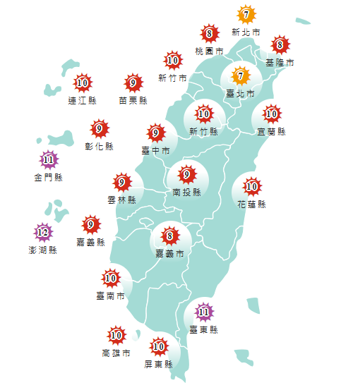 氣象署發布各地紫外線指數預報概況。   圖：氣象署提供