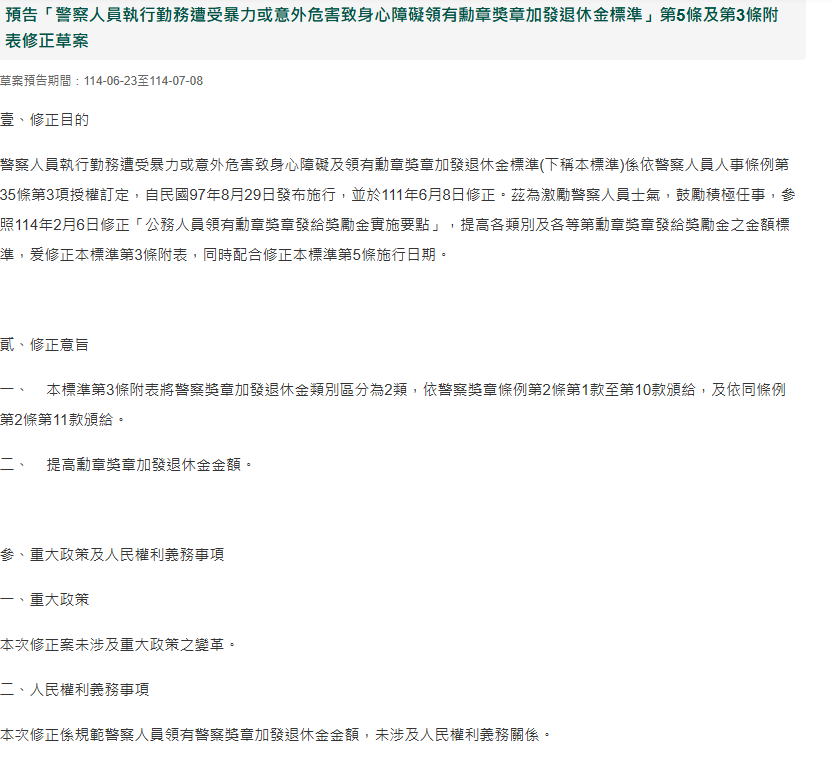 內政部警政署6/23預告「警察人員執行勤務遭受暴力或意外危害致身心障礙領有勳章獎章加發退休金標準」第5條及第3條附表修正草案。   圖：擷自內政部官網
