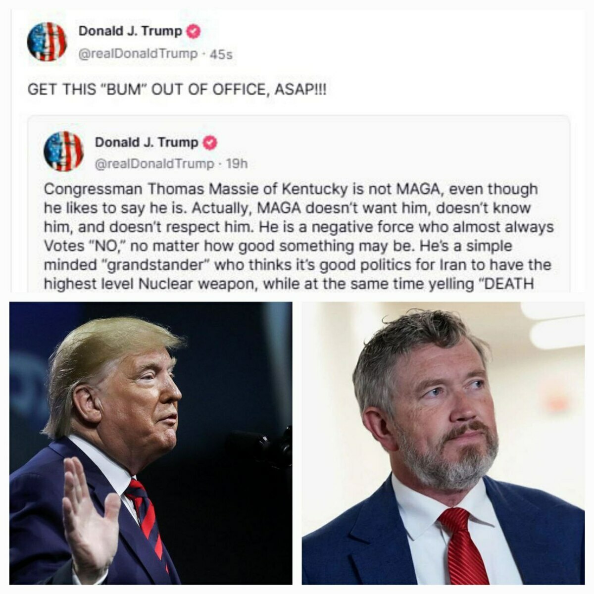  川普怒嗆批評其對伊政策的共和黨籍眾議員馬西（Thomas Massie）是「混蛋」、「可悲的失敗者」，喊話選民「盡快把這個混蛋趕下台！」 圖:翻攝自X帳號@nexta_tv