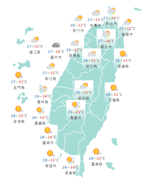 氣象署公布各地天氣預報概況。   圖：氣象署提供