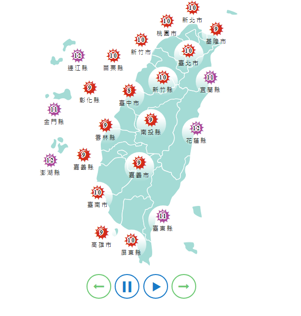 氣象署發布各地紫外線指數預報概況。 圖:氣象署提供