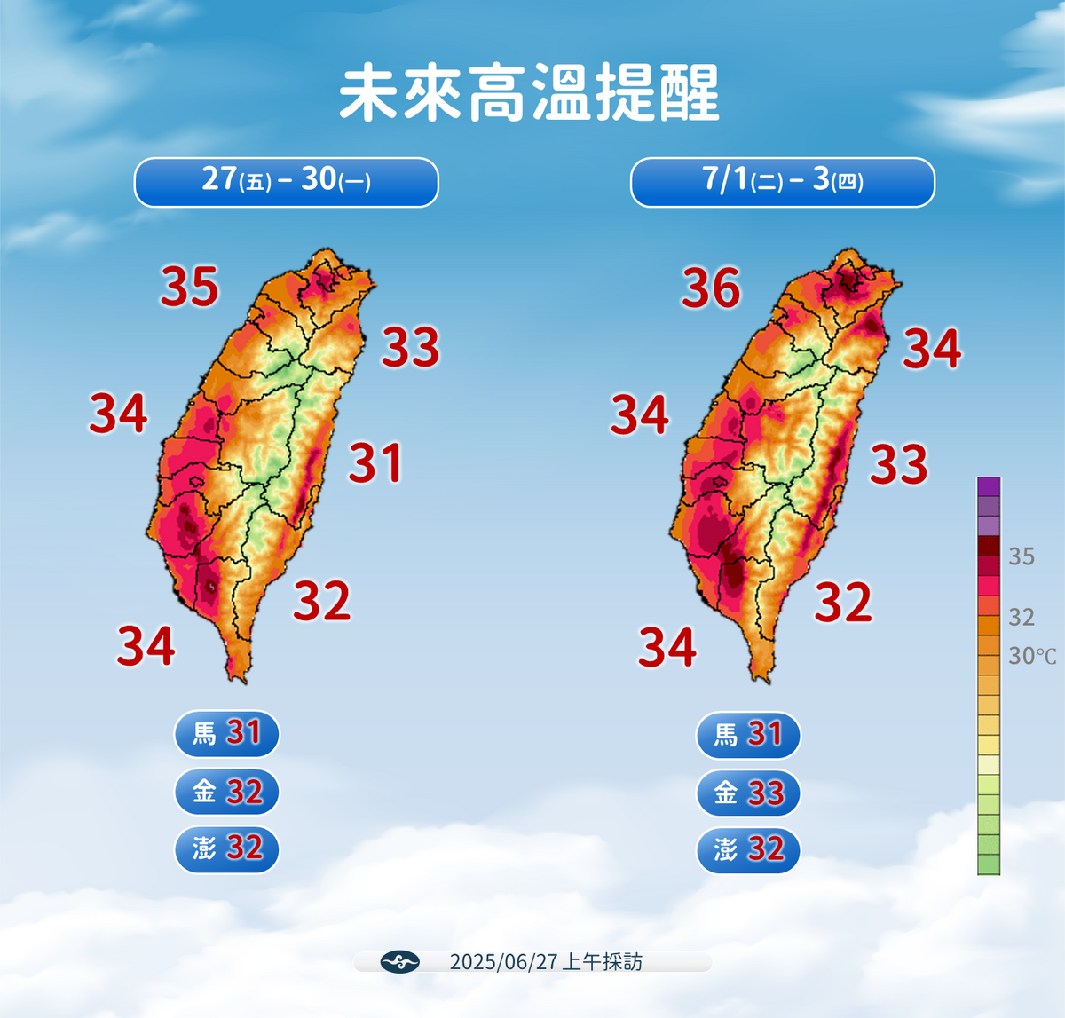 氣象署預估,今起至7月3日,白天高溫普遍落在32至35度之間,北部局部地區甚至可能飆至36度,濕熱天氣型態將持續數日。 圖:氣象署 / 提供