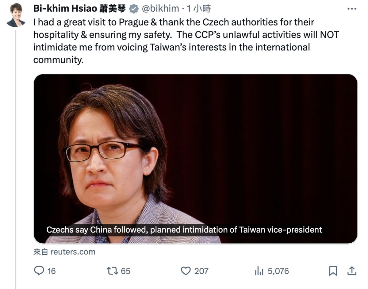  蕭美琴說，中共的非法行為，不會讓她畏懼在國際社會中為台灣的利益發聲。 圖：翻攝自蕭美琴X 