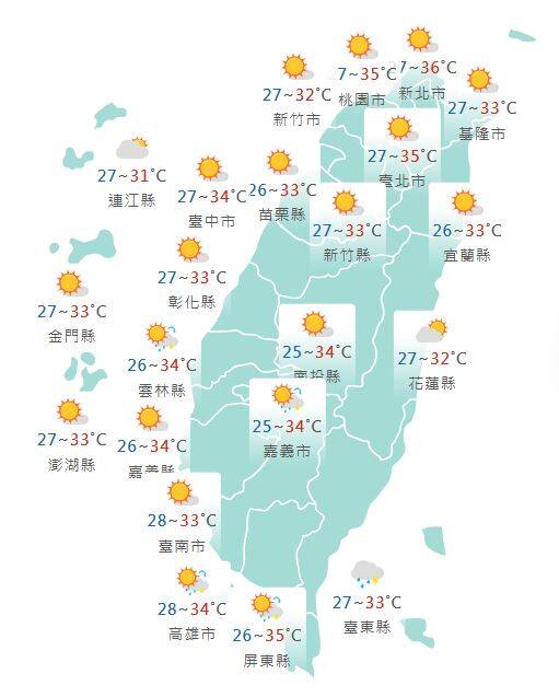 氣象署公布各地天氣預報概況。   圖：氣象署提供