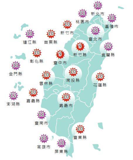氣象署發布各地紫外線指數預報概況。   圖：氣象署提供