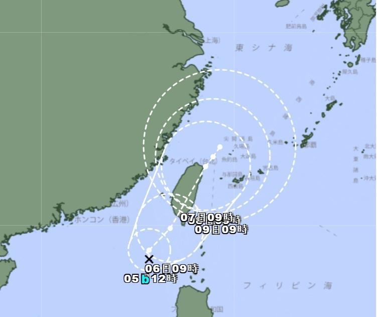  日本氣象廳預測，準颱風丹娜絲中心不排除登陸台灣西南部陸地。 圖：日本氣象廳 
