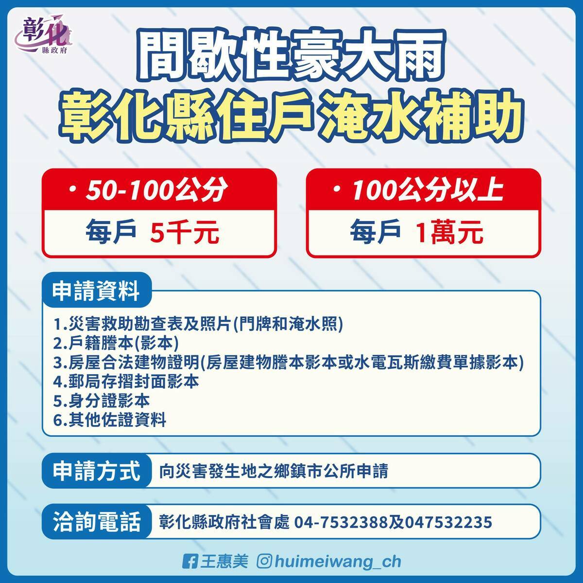  針對彰化縣淹水，王惠美9日也在臉書公告淹水補助資訊。 圖：翻攝自王惠美臉書 