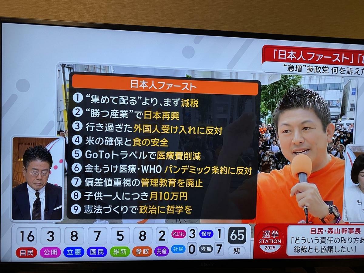  這次大躍進的參政黨黨魁神谷宗幣除了排他的日本人第一主義外，也有諸多歧視女性發言，但他覺得這樣才凸顯主張而拒絕道歉。 圖：攝自朝日電視 