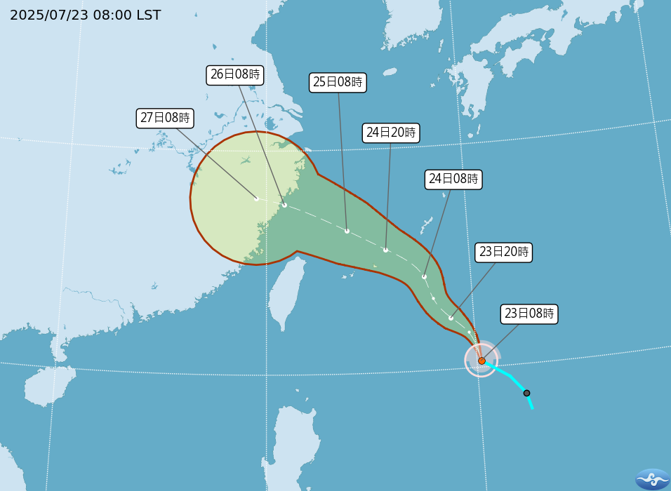  中央氣象署預報顯示，范斯高颱風將由台灣北部外海掠過，距離台灣仍有一段距離。 圖：氣象署 