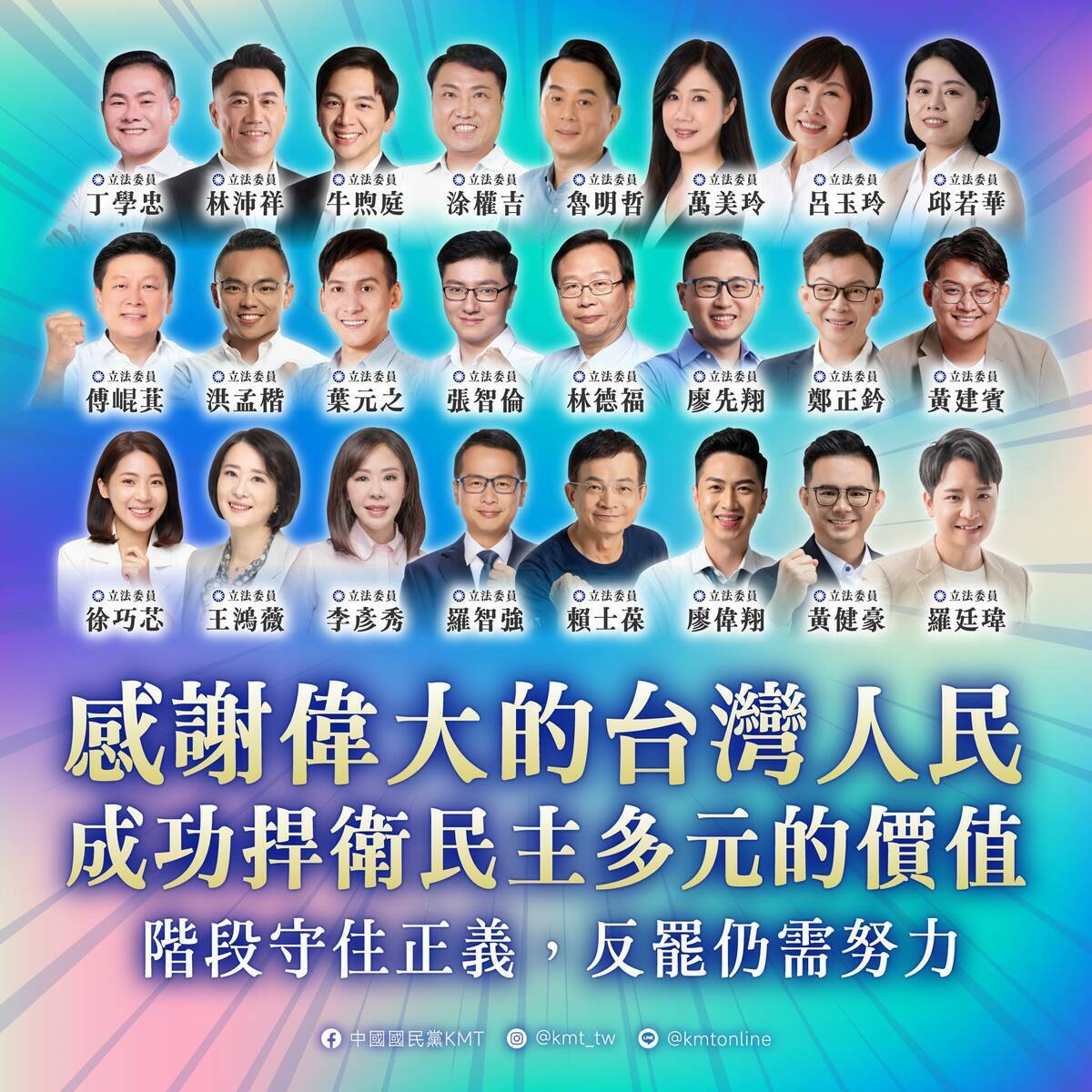  國民黨被罷免的24席立委全數挺過，雖任期內不能再罷免，但仍必須面臨2026選舉檢驗。 圖/取自中國國民黨 KMT臉書粉專 