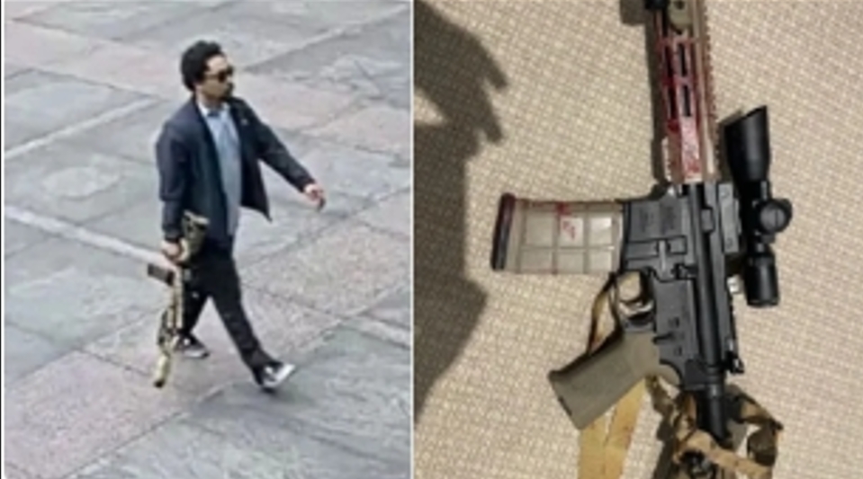  監視器拍到槍手出現在紐約曼哈頓大樓外的畫面。 圖 : 翻攝自騰訊網 