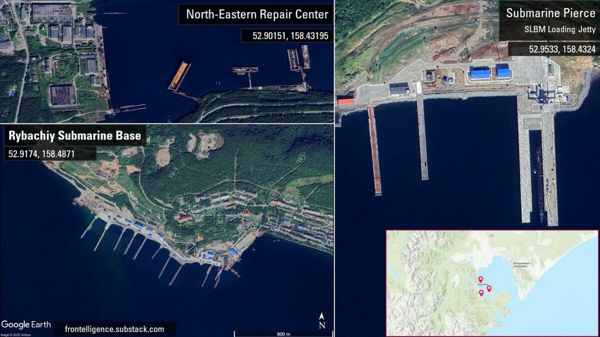  俄羅斯遠東勘察加地區近日海嘯來襲，導致太平洋艦隊核潛艦基地移位。（移位前） 圖：翻攝自 X 