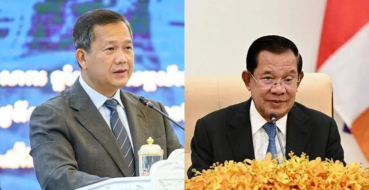  左為柬埔寨首相洪瑪奈，右為其父親、前首相、現任參議院議長洪森。 圖：翻攝自 騰訊網 