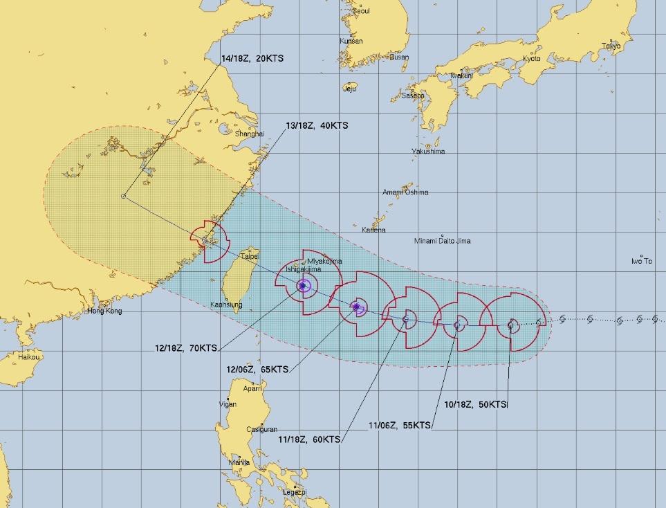  楊柳颱風美國颱風聯合警報中心(JTWC)最新路徑預測。 圖：JTWC 