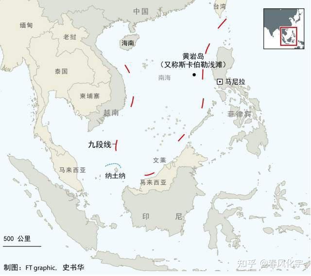  中國所聲稱之「九段線」勢力範圍，菲律賓毗鄰最東端，扼守南海通往西太平洋的要道。圖：翻攝自知乎