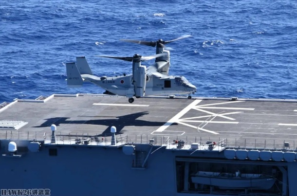  除了強化對西南諸島的防禦能力外，「魚鷹」也能與海上自衛隊的船艦合作，進一步擴大海自的兩棲作戰範圍。圖為準備降落在船艦上的「魚鷹」。 圖：翻攝自 騰訊網 hawk26 講武堂 