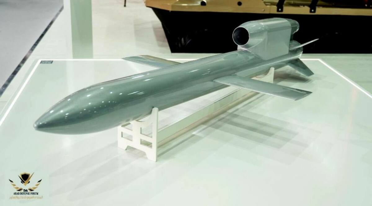  阿布達比國際防務展覽會上展出的「FP-5」大型巡弋導彈。傳就是烏克蘭「火烈鳥」（Flamingo）遠程巡弋導彈的原型。圖為展出模型。 圖：翻攝「X」@Cyberspec1 