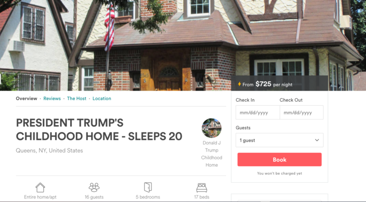 美國總統川普出生地的故居幾經易手，最後被華裔買家買下後，如今變成日租公寓。   圖：翻攝Airbnb網站