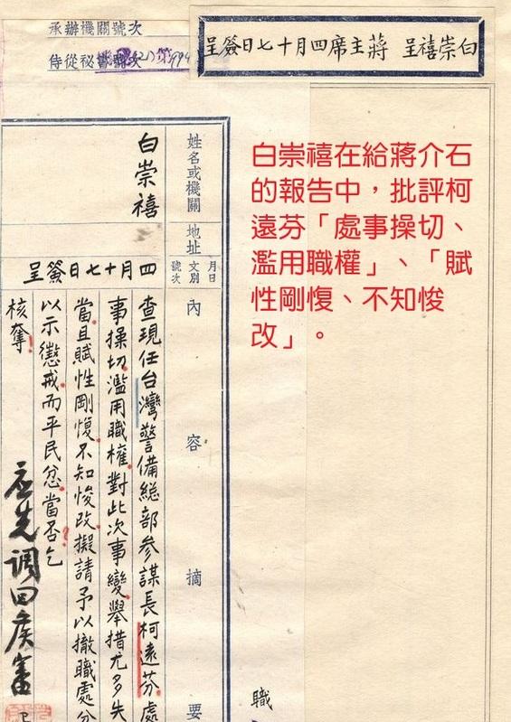  白崇禧在給蔣介石的報告中，批評柯遠芬「處事操切、濫用職權」、「賦性剛愎、不知改悛」。 圖：檔案管理局，檔號：A202000000A=0036=2020.40=4450.01=038-2=032=0001 