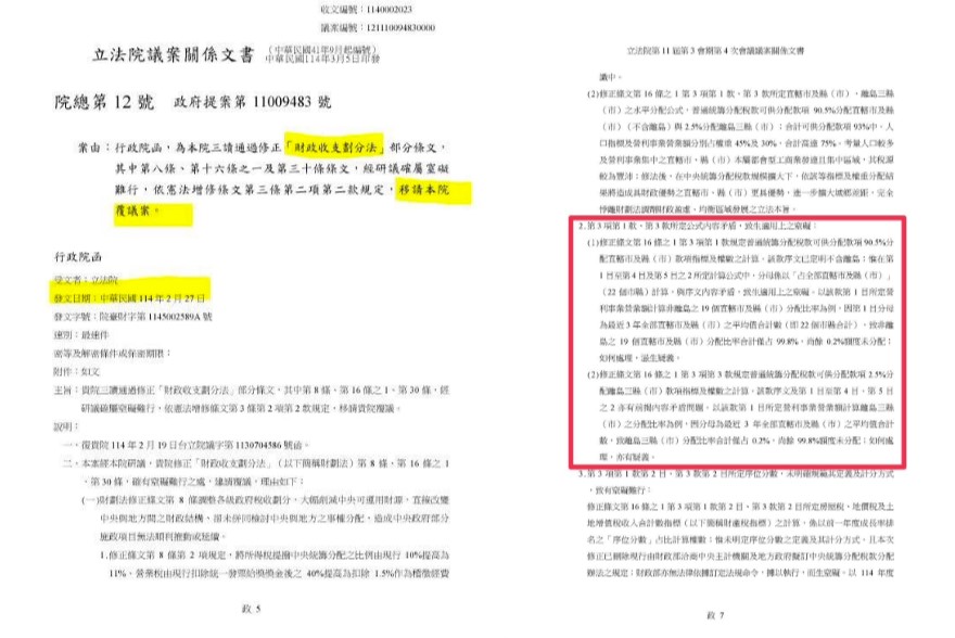  周軒直接在臉書曬出當時行政院給立法院覆議文書公文，內容明確載明「第3項第1款、第3款所定公式內容矛盾，致生適用上之罣礙」。 圖：翻攝周軒臉書 