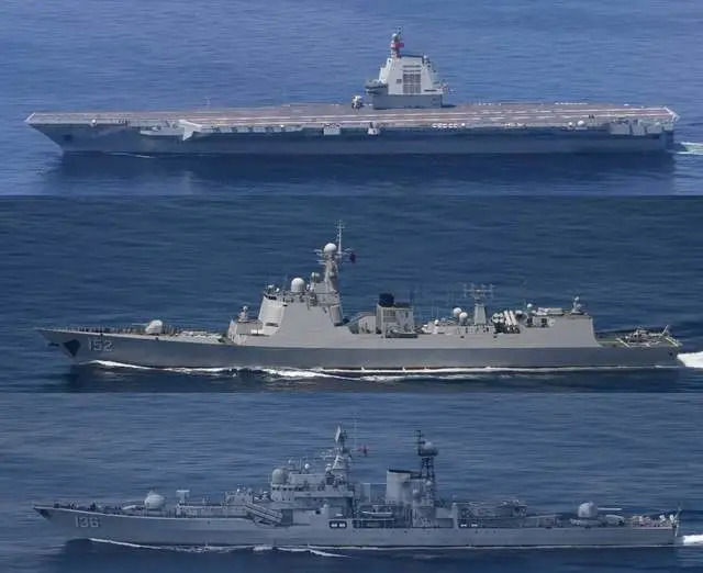  由上到下為：中國電磁彈射航母「福建號」、導彈驅逐艦「紹興號」、導彈驅逐艦「福州號」 圖：翻攝自 日本海上自衛隊 