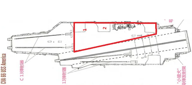  小鷹級三號艦美利堅號（USS America, CVA/CV-66）的甲板設計，留出了盡可能大的三角形整備空間。圖：翻攝自騰訊網《海事先锋》