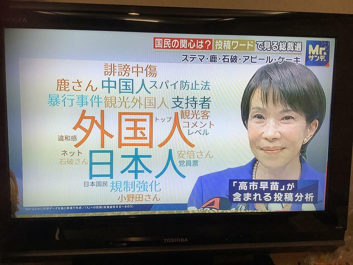  支持高市的富士電視節目用網路留言製作的高市印象顯示高市相當排外。 圖：攝自富士電視 