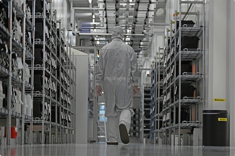  安世半導體的一名員工走過該公司的無塵室。 圖：翻攝自騰訊網 
