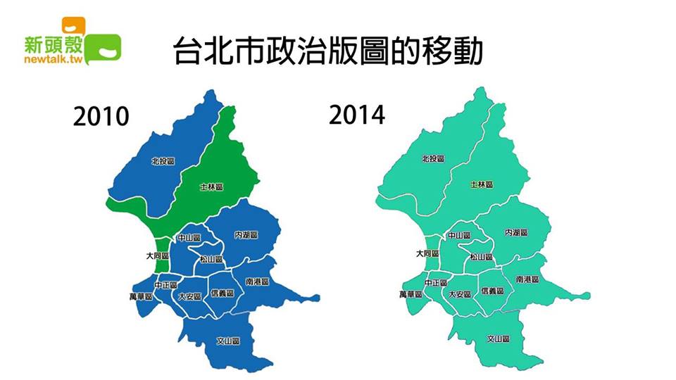 連勝文在台北市12個行政區都輸給柯文哲。圖為2010年與2014年台北市政治版圖改變的情況。圖3之1：翁嫆琄製   